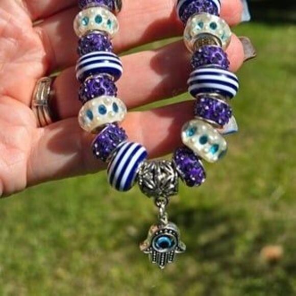 Hamsa Hand Evil Eye Gemstone Charm Earrings & Bracelet Set - Picture 5 of 10